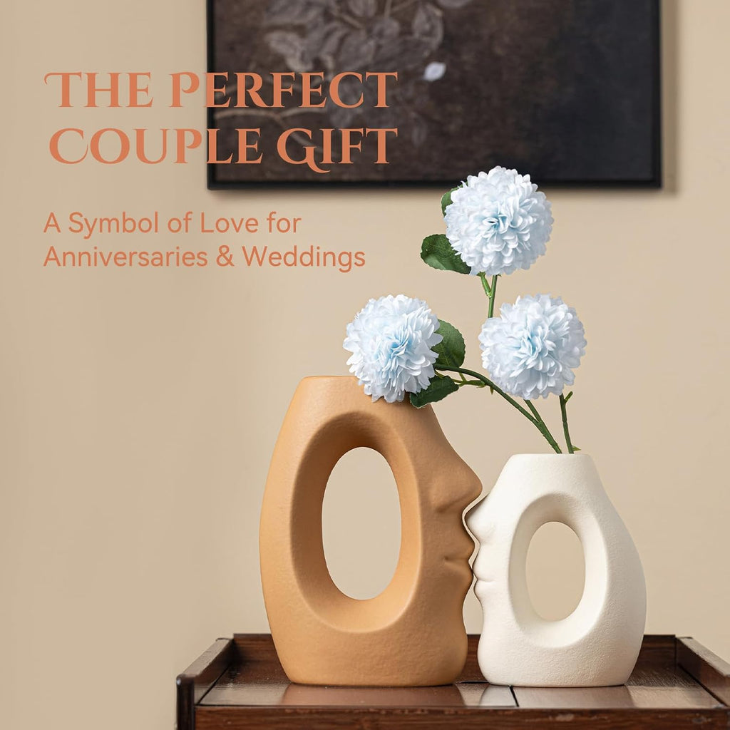 Beige & Brown Ceramic Vases for Home Decor, Modern Abstract Face Vase Set of 2, Unique Boho Flower Vases for Living Room, Office, Entryway, Wedding for Couple, Home Gifts for Friends