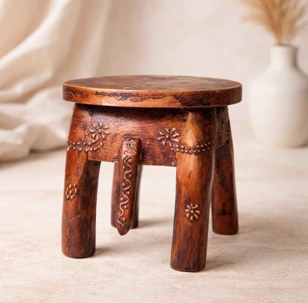 End Table, Handmade Wooden Elephant Side Table, Small Round End Table, Nightstand with Tapered Legs, for Small Spaces, Living Room, Bedroom, Rustic Wooden Stools