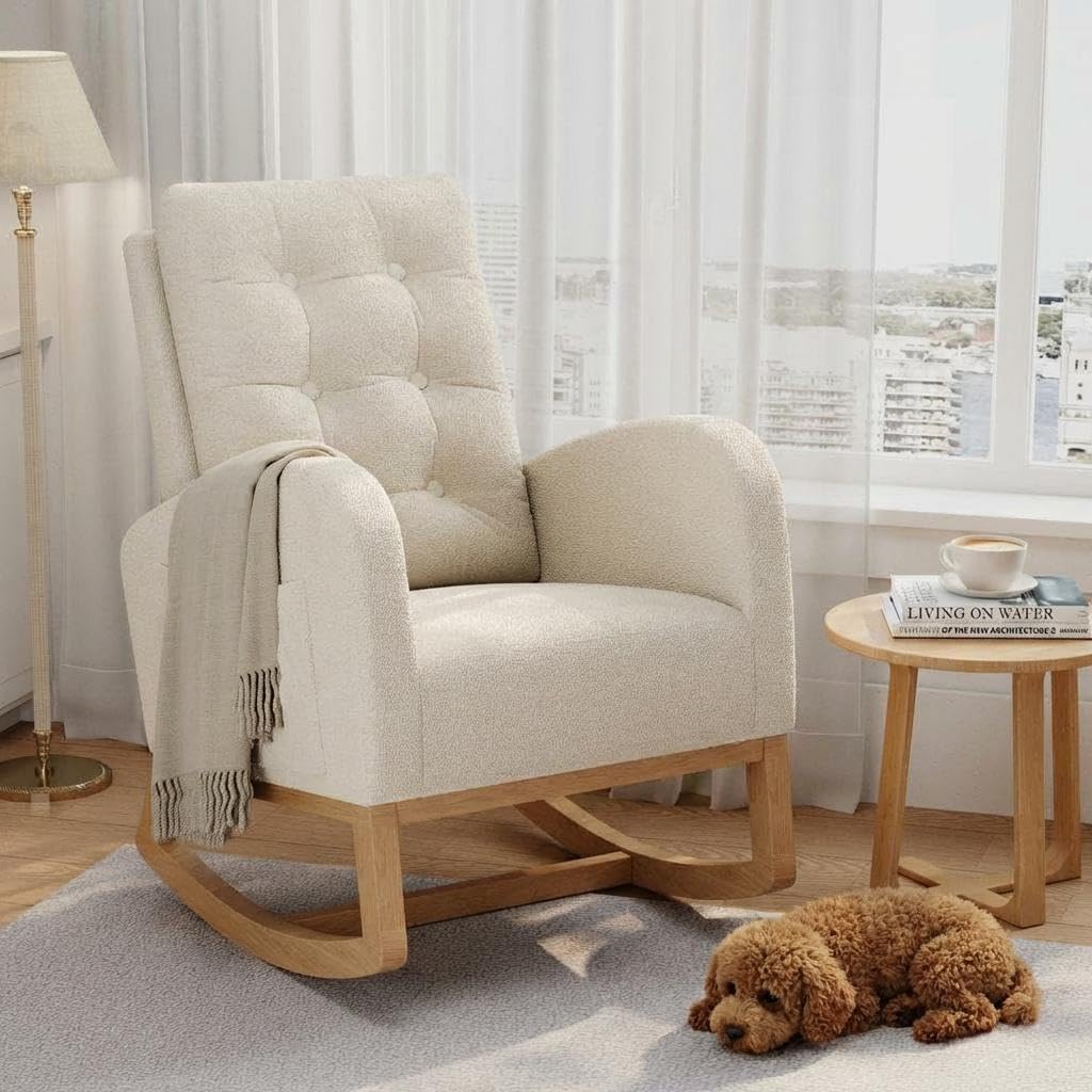GAOMON Modern Rocking Chair for Living Room-Beige | Comfortable Recliner Rocker with Side Pocket, Soft Linen Upholstered Glider Chair for Bedroom, Nursery, Lounge