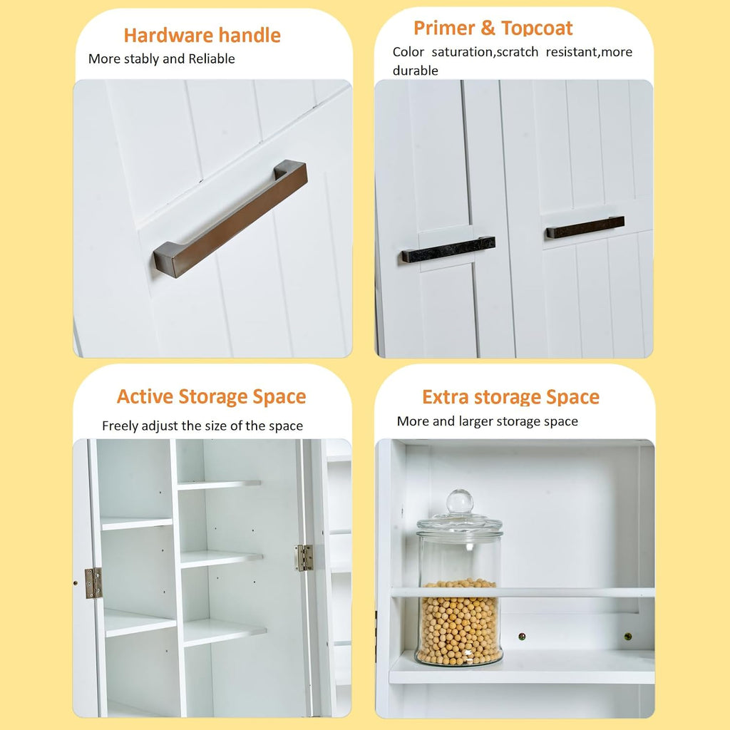 Kitchen Pantry Storage Cabinet - Freestanding Pantry Cabinet with 4 Doors & Adjustable Shelves, Small Food Pantry Cabinet for Kitchen, Dining Room Craft Room, Bathroom White