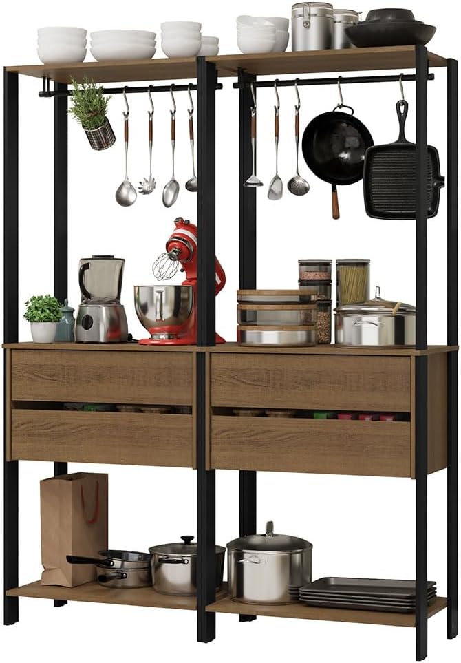 Madesa Kitchen Pantry Storage Rack with 4 Drawers 4 Shelves and 2 Hanging Rods 55" L Modular Multiuse Cabinet for Kitchen Organization - Black/Brown