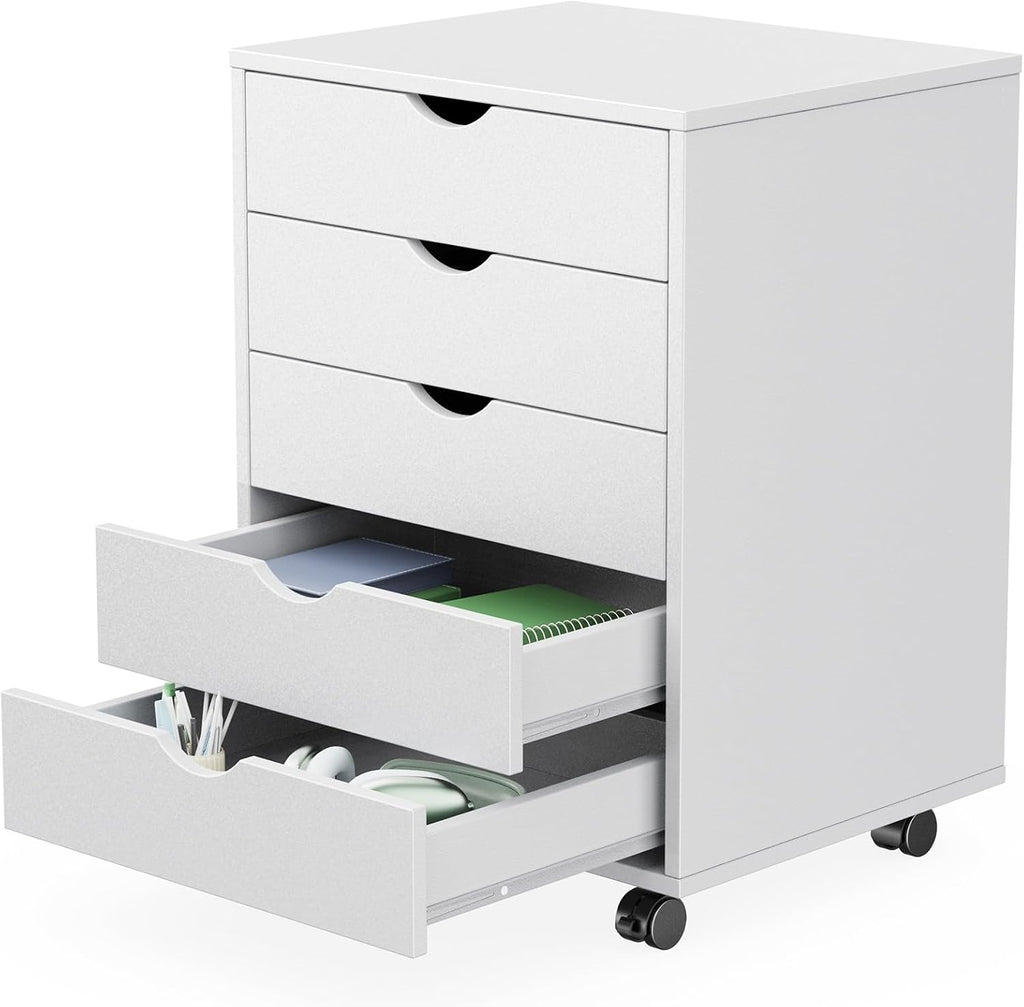 Sweetcrispy 5 Drawer Wooden Dresser, Storage Cabinets, Room Organization | Mobile Rolling Wheels, Vertical Organizer Chest, Home Office Bedroom Furniture, White Wood