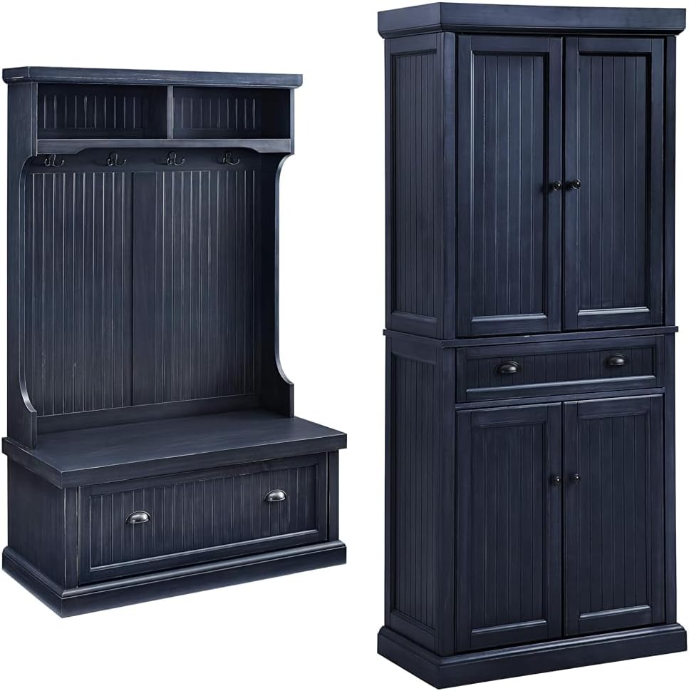 Crosley Seaside Hall Tree Entryway Bench Coat Rack Shoe Cabinet and Kitchen Pantry Cabinet Distressed Navy