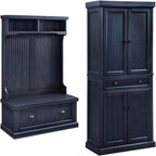Crosley Seaside Hall Tree Entryway Bench Coat Rack Shoe Cabinet and Kitchen Pantry Cabinet Distressed Navy
