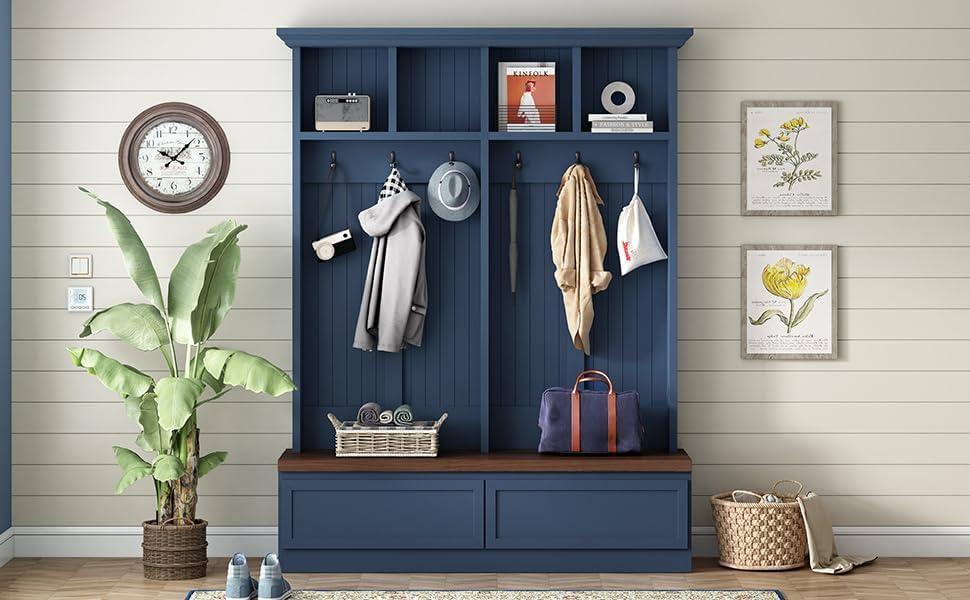 Farmhouse 4-in-1 Hall Tree with Storage Bench, Mudroom Coat Rack with 2 Drawers, Entryway Organizer with Hooks and Shelves, Blue, 55.9 Inch Wide