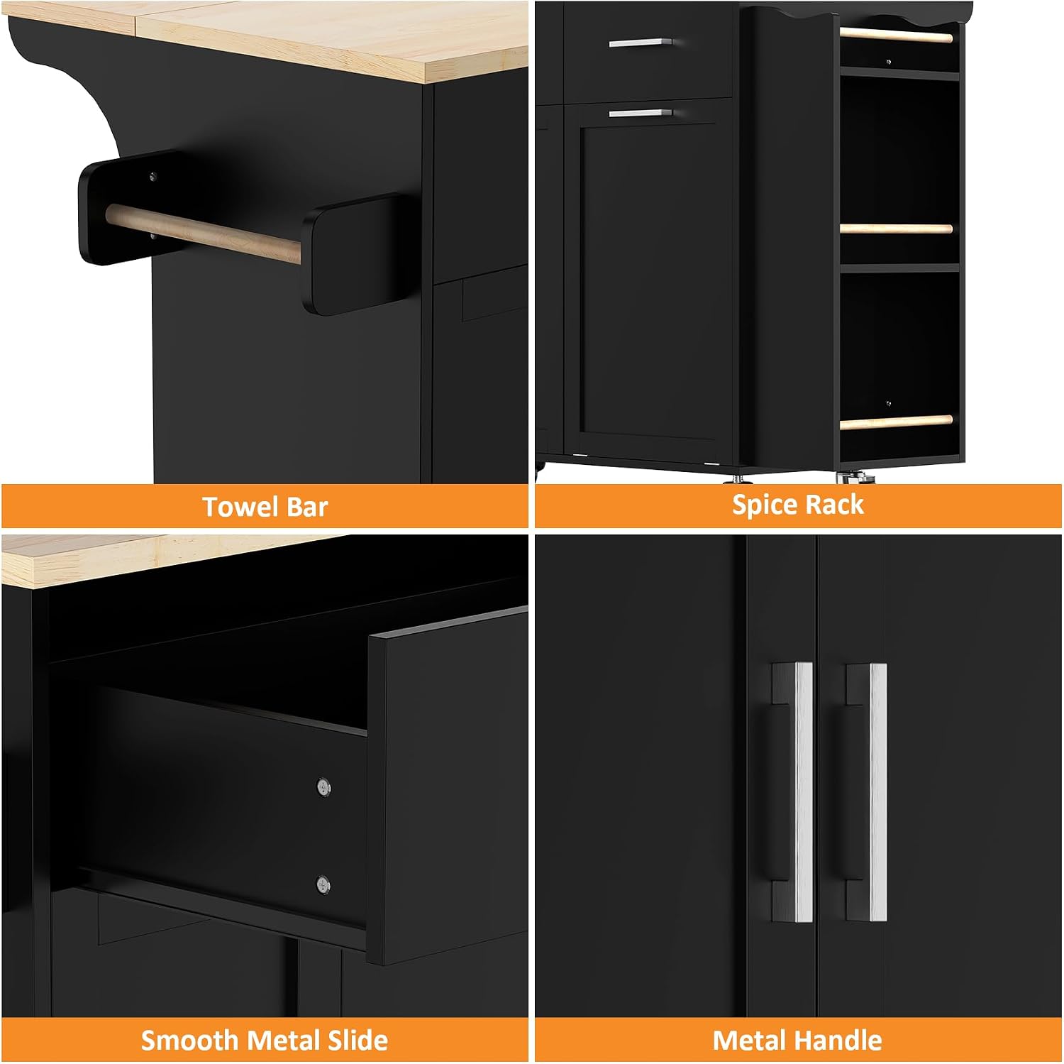 Bigbiglife Kitchen Island with Storage, 50.8" Rolling Kitchen Island Cart with Drop Leaf & Storage - Mobile Kitchen Organizer with Wheels, Rubberwood Top, Trash Can Cabinet & Towel Rack, Black