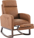 GarveeLife Nursery Rocking Chair,300lb Glider Chair with Solid Wood Legs/Two Side Pockets,PU Upholstered Glider Rocker with Footrest High Backrest for Living Room/Bedroom/Nursery