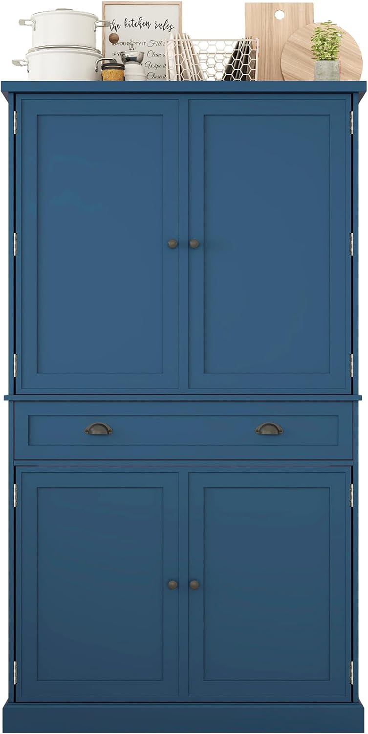 4 Doors Tall Pantry Cabinet with Adjustable Shelves and Drawer, Freestanding Cupboard with 6 Door Shelves and 3 Pull-Out Trays for Kitchen, Dining Room (Blue)