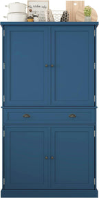 4 Doors Tall Pantry Cabinet with Adjustable Shelves and Drawer, Freestanding Cupboard with 6 Door Shelves and 3 Pull-Out Trays for Kitchen, Dining Room (Blue)