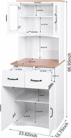 Wooden-Style Microwave Stand with Storage, Glass Door Cabinet with Drawers for Kitchen, Pantry Cabinet with Adjustable Shelves, Lower Louvered Doors, Buffet Hutch for Dining Room & Living Room(White)