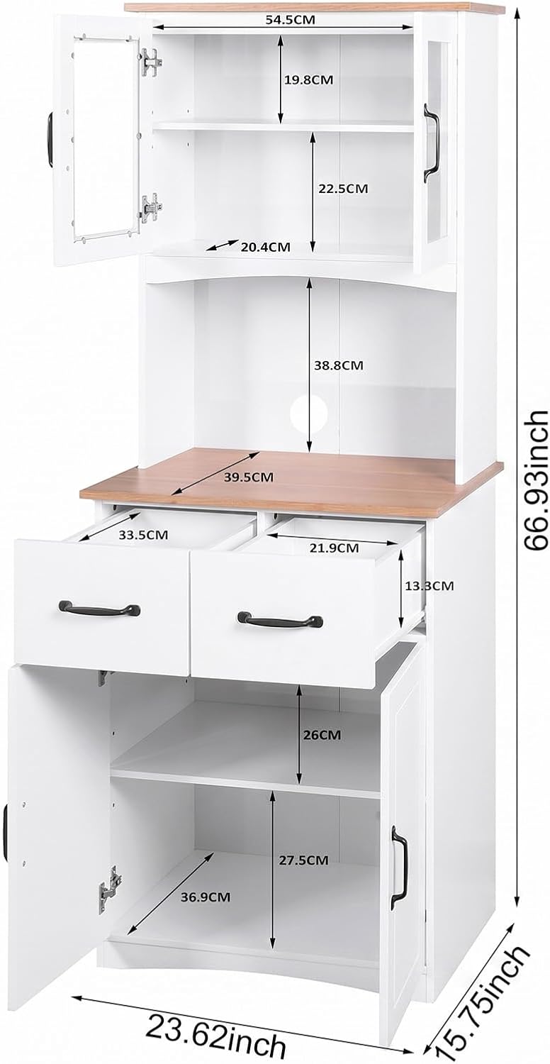 Wooden-Style Microwave Stand with Storage, Glass Door Cabinet with Drawers for Kitchen, Pantry Cabinet with Adjustable Shelves, Lower Louvered Doors, Buffet Hutch for Dining Room & Living Room(White)