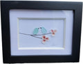 Mini Seaglass Birds on a branch with tiny pink shell flowers. Authentic Seaglass, Made in Maine, Small frame with glass. 3 1/2 by 4 inch framed art Sea Glass with pink shells