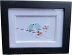 Mini Seaglass Birds on a branch with tiny pink shell flowers. Authentic Seaglass, Made in Maine, Small frame with glass. 3 1/2 by 4 inch framed art Sea Glass with pink shells