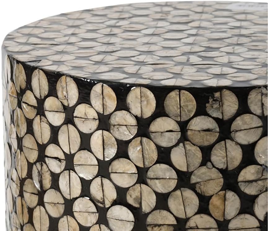 Black & Gold Cylindrical Capiz Stool D14'x20' Art Deco Accent Side Table for Living Room, Bedroom, Outdoor - Elegant & Functional