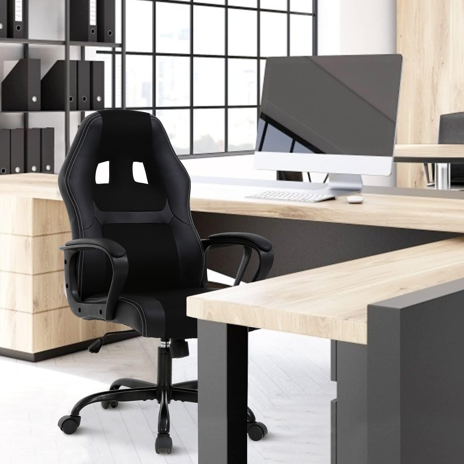 Ergonomic Office Chair Cheap Desk Chair, Mesh PC Gaming Chair with Lumbar Support, Adjustable High Back PU Leather Computer Chair Racing Task Swivel Executive Video Game Chairs for Home