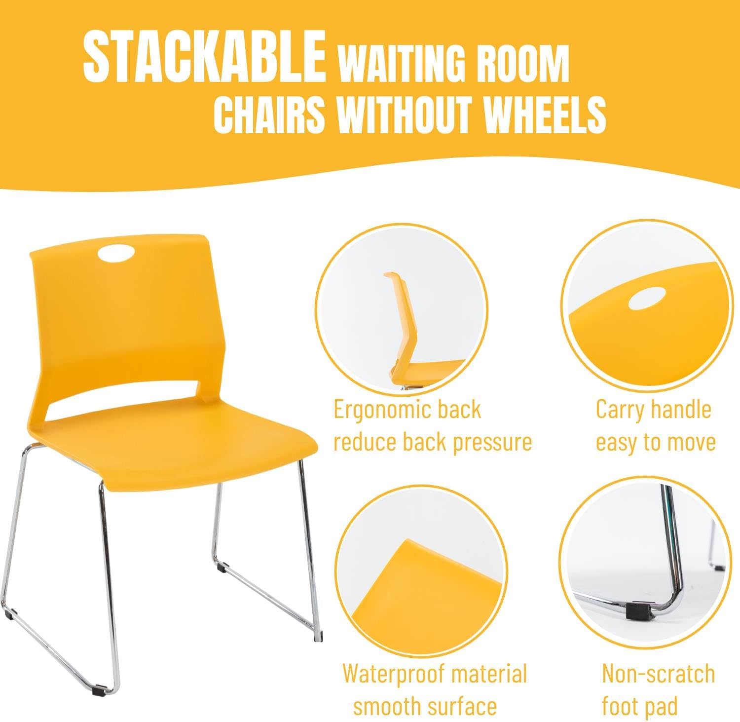 Waiting Room Pack of 4 Plastic Chairs for Office Guest & Reception, Stacking for Meeting Room, Office Lobby, Yellow