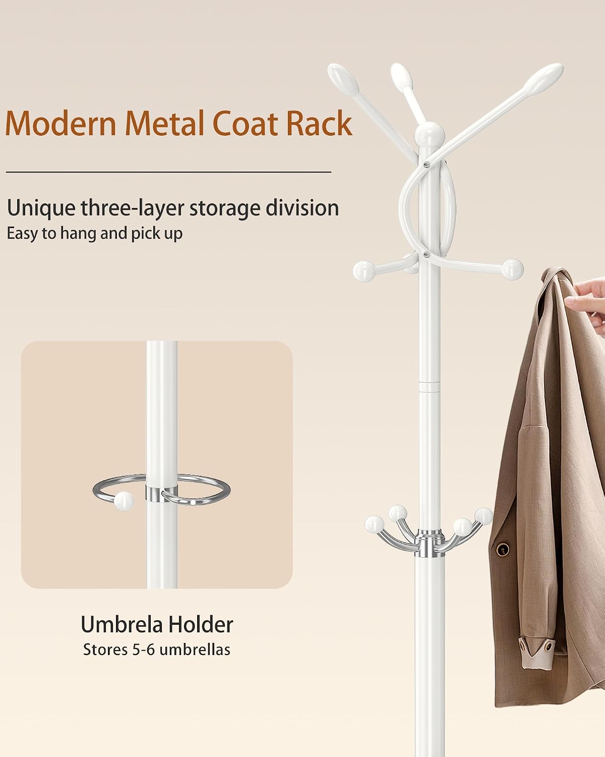 Metal Coat Rack with Natural Marble Base, Coat Rack Stand with 12 Hooks & Umbrella Holder, White Modern Freestanging Coat Racks, Coat Jacket Hanger Tree Stand for Corner Entryway Office