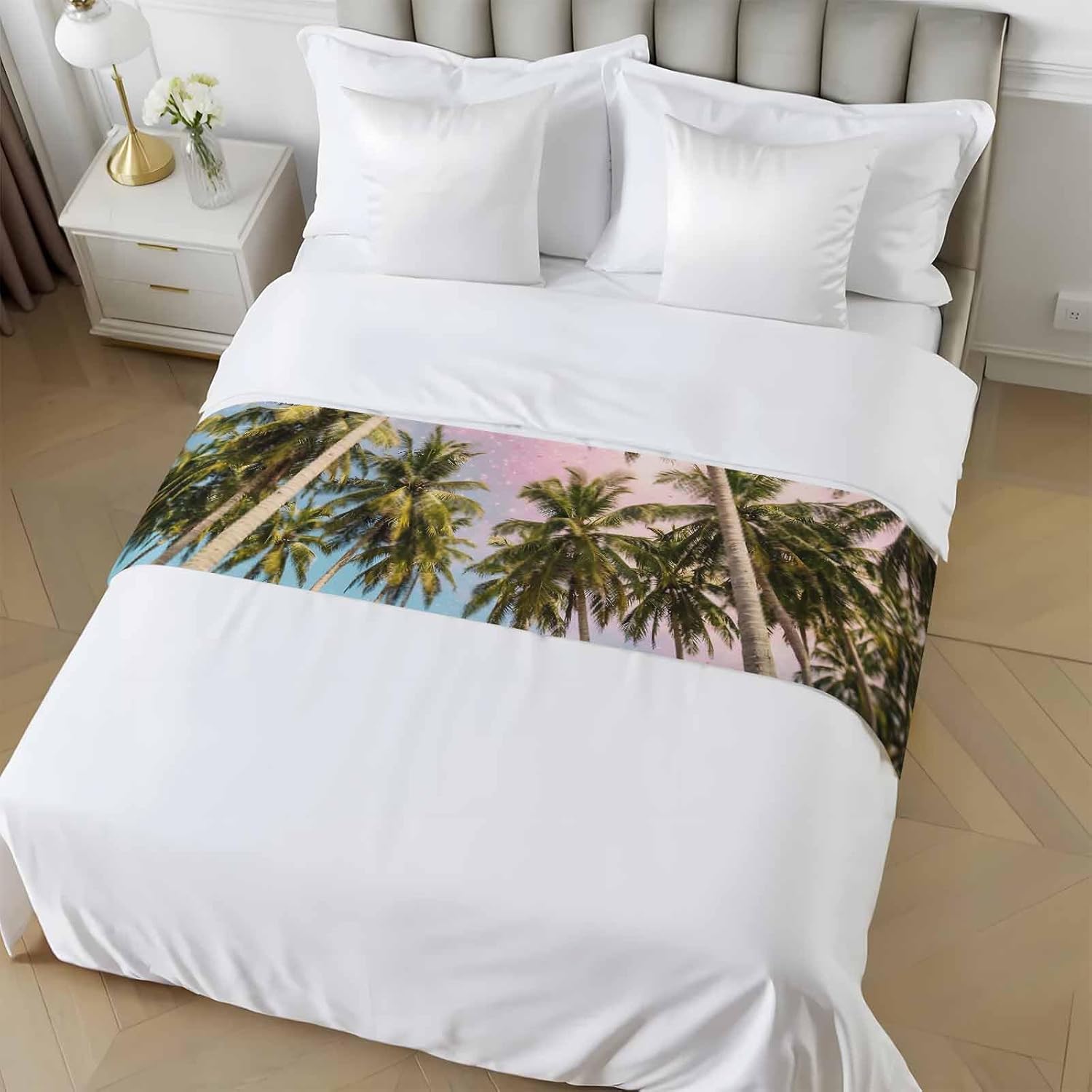 Green Coconut Trees Bed Runners for Queen Size Bed, Decorative Bed Throws for Foot of Bed, Coastal Tropical Plants Pink Blue Bed Runner Sofa Throw Bedding Scarf Protector Slipcover for Bedroom/Hotel