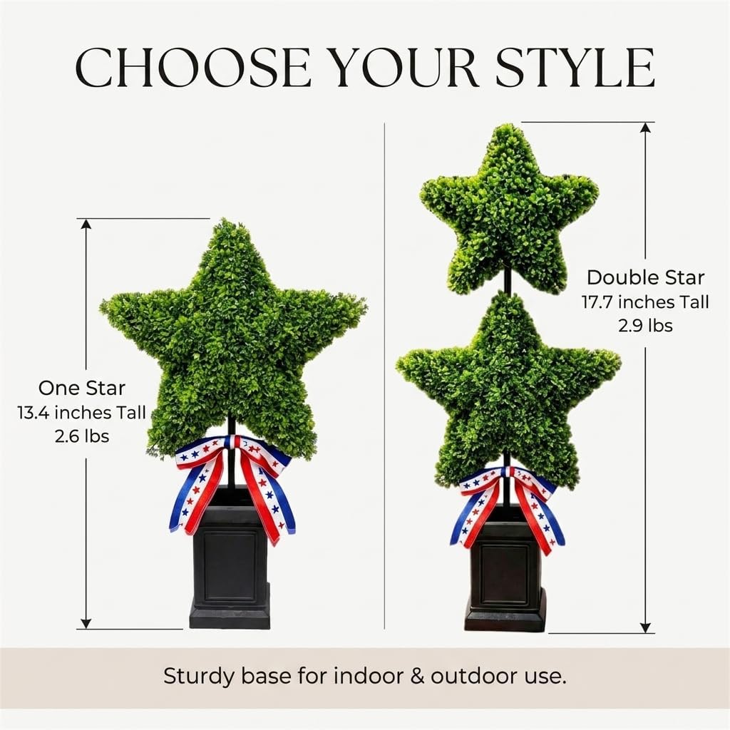 Patriotic Star Topiary Tree, Artificial Boxwood, 4th of July Memorial Day Indoor Outdoor Centerpiece Decor (Large)