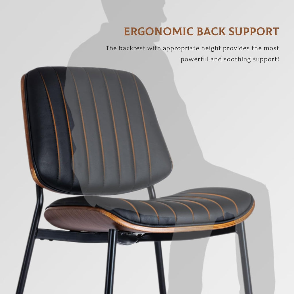 Dining Chairs Set of 6, Upholstered Mid-Century Modern Dining Room and Kitchen Chairs with Walnut Backrest,Retro Accent PU Leather Side Chairs with Metal Legs,Dark Black