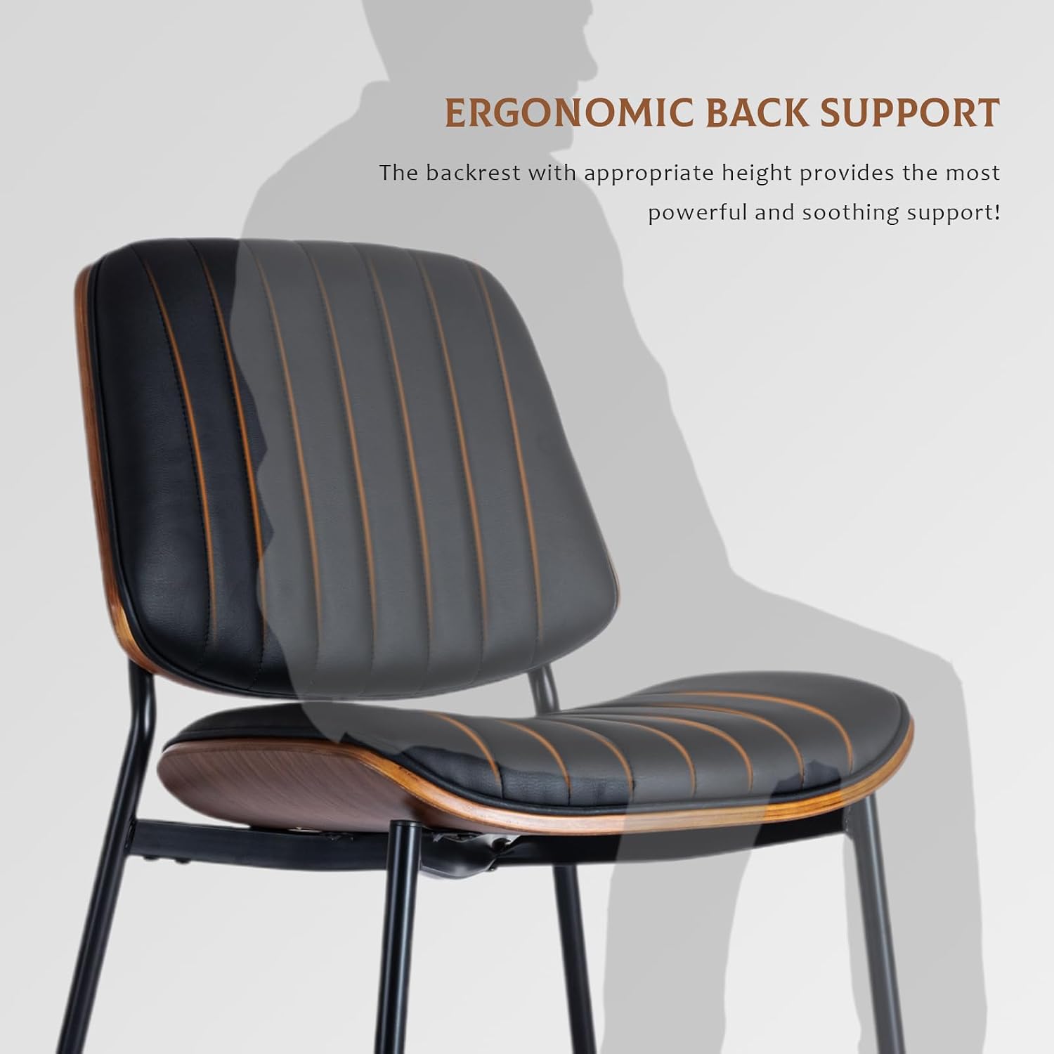 Dining Chairs Set of 6, Upholstered Mid-Century Modern Dining Room and Kitchen Chairs with Walnut Backrest,Retro Accent PU Leather Side Chairs with Metal Legs,Dark Black
