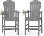 VINGLI Tall Adirondack Chairs Set of 2, All-Weather Plastic Adirondack Chair with Cup Holders, Heavy-Duty HDPE Outdoor Bar Stools for Patio, Balcony, Pool, Backyard (Gray, 2 PCS)
