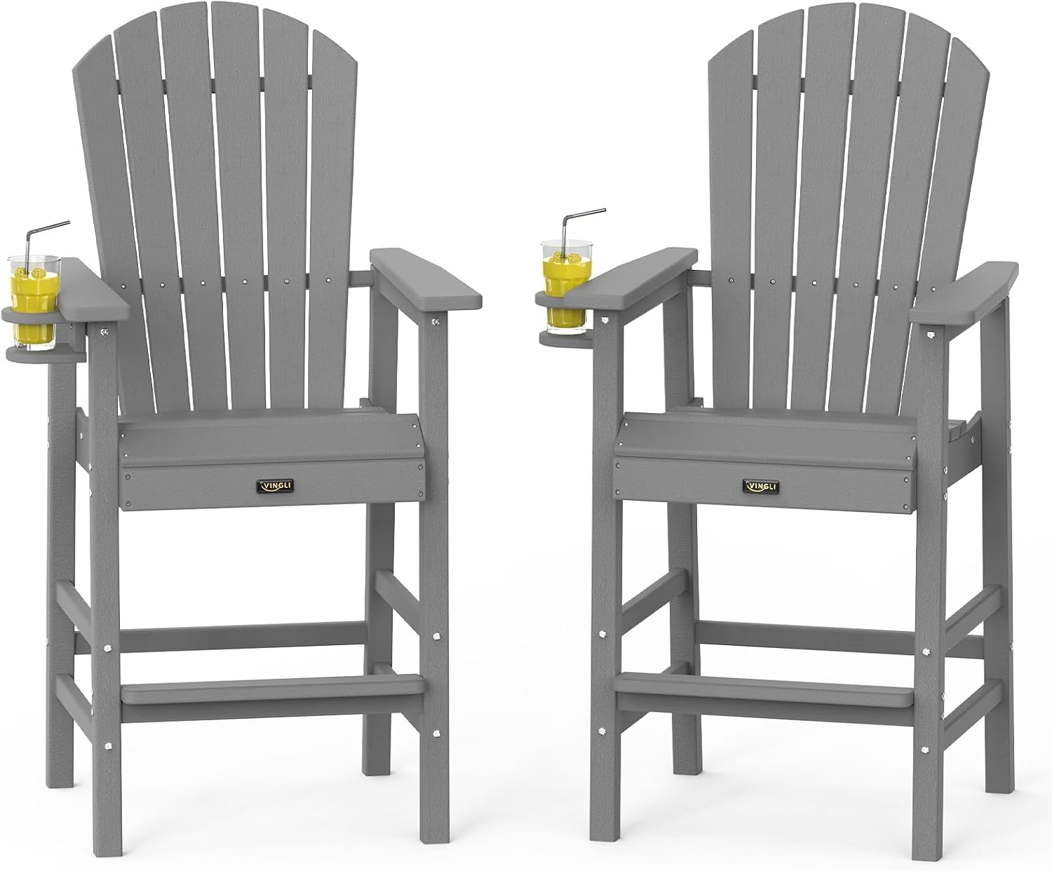 VINGLI Tall Adirondack Chairs Set of 2, All-Weather Plastic Adirondack Chair with Cup Holders, Heavy-Duty HDPE Outdoor Bar Stools for Patio, Balcony, Pool, Backyard (Gray, 2 PCS)