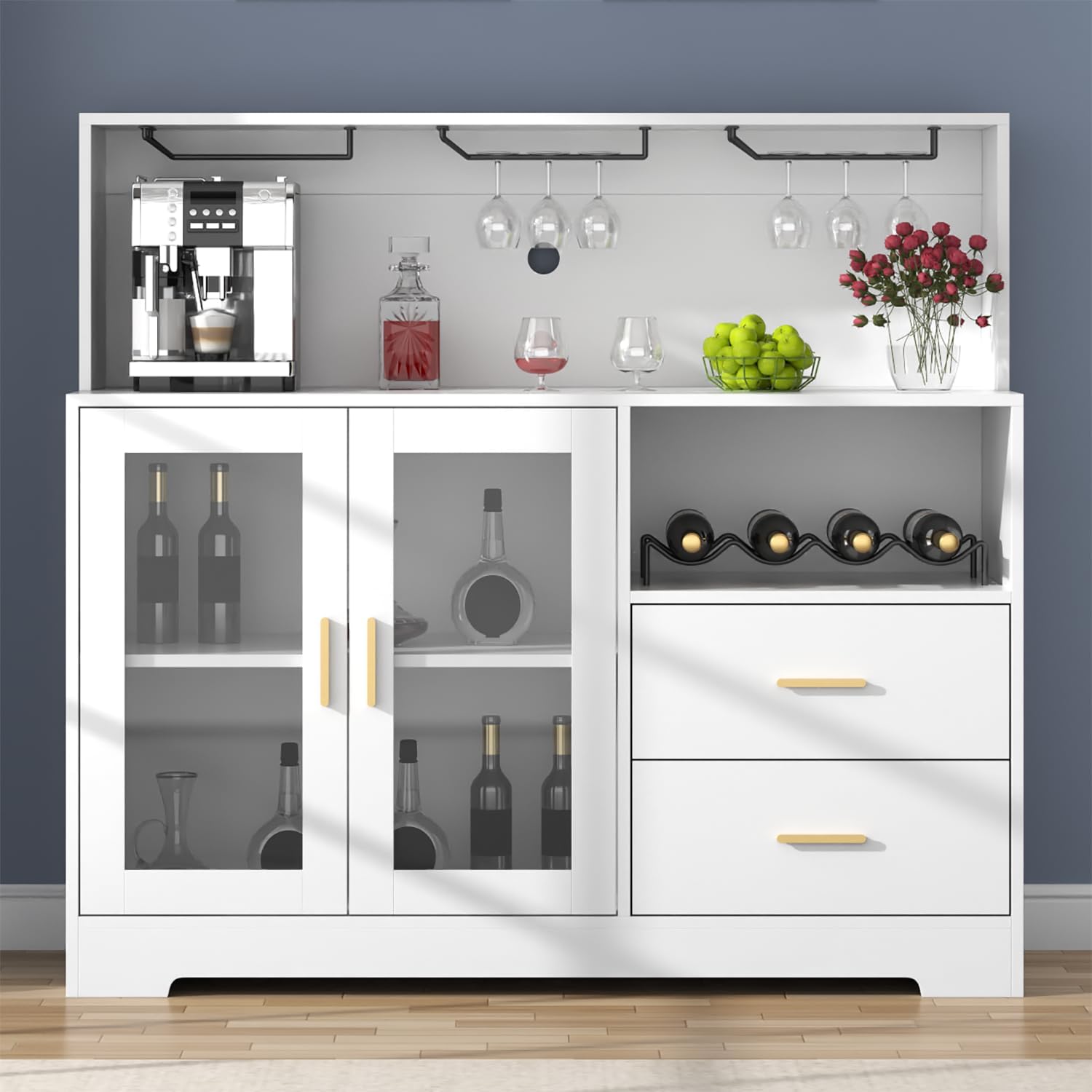 Bar Cabinet for Home with LED Light, Coffee Bar Cabinet with Wine & Glass Rack, Wine Cabinets with Storage Cabinet &Drawers, Modern Liquor Cabinets for Kitchen, Living Room, Dining Room (White)