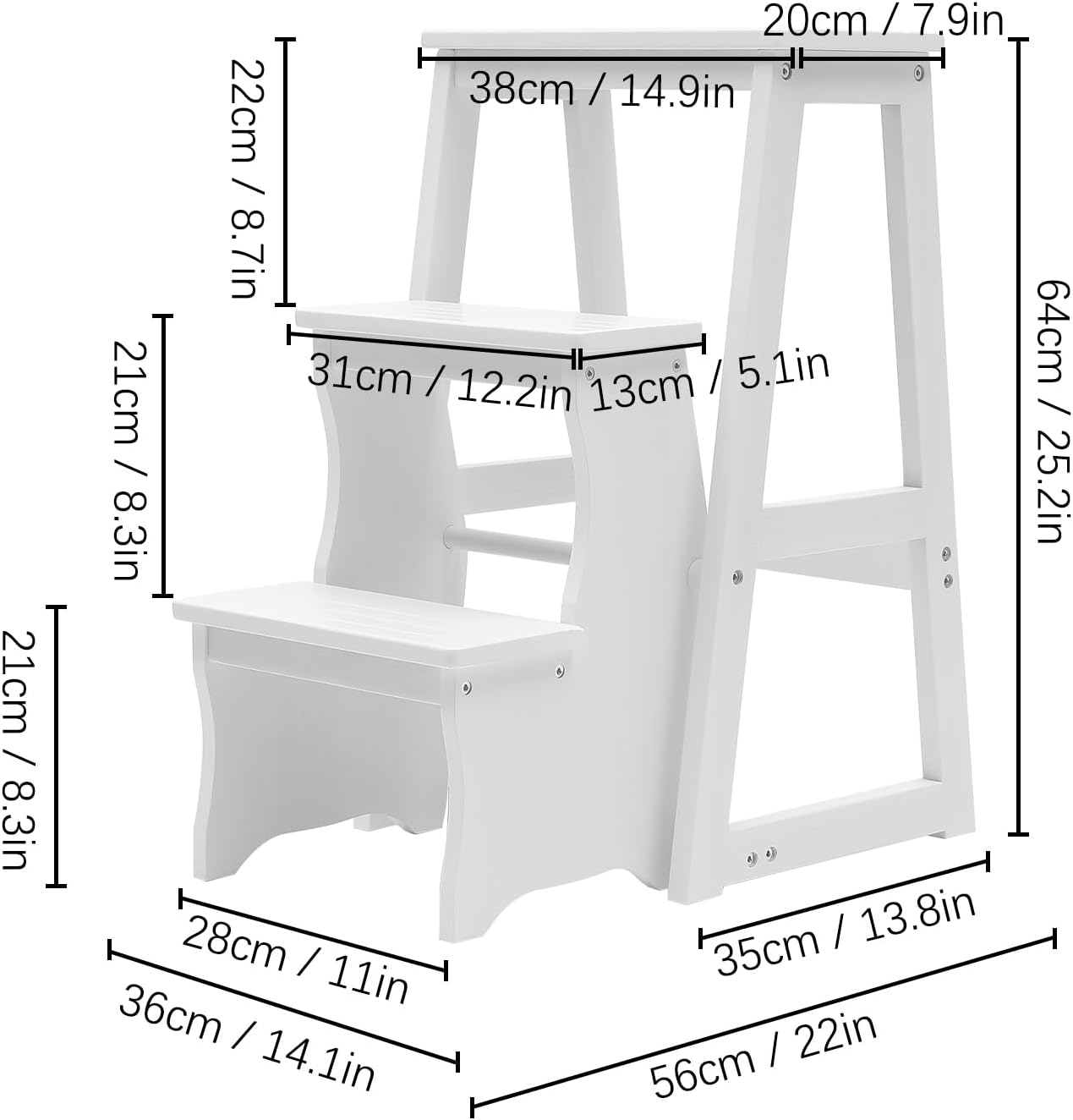 3 Tier Folding Step Stool,Wood Ladder,Folding Library Ladder Chair,Portable Multifunctional Step Stool for Home, Office,Library (White)