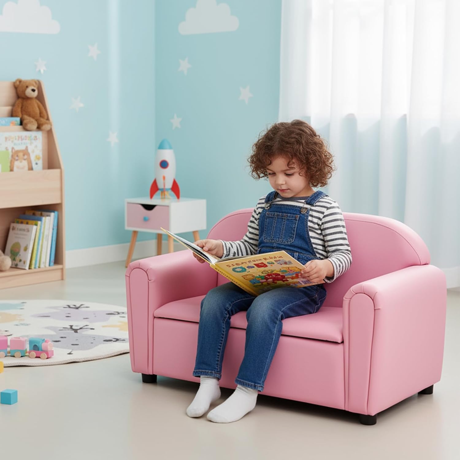Costzon Kids Couch, 2 in 1 Double Seat Children's Sofa w/Under Seat Storage, PU Leather Surface, Toddler Armrest Chair, Kids Room, Soft Children Pink Sofa with Storage for Preschool Baby Girls Gifts