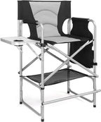mefeir Tall Camping Chair Makeup Artist Director Chair 26" Counter Height, Portable Folding Design with Side Table, Cup Holder & Side Storage Bag, Heavy-Duty Iron Frame (300 lbs Capacity)