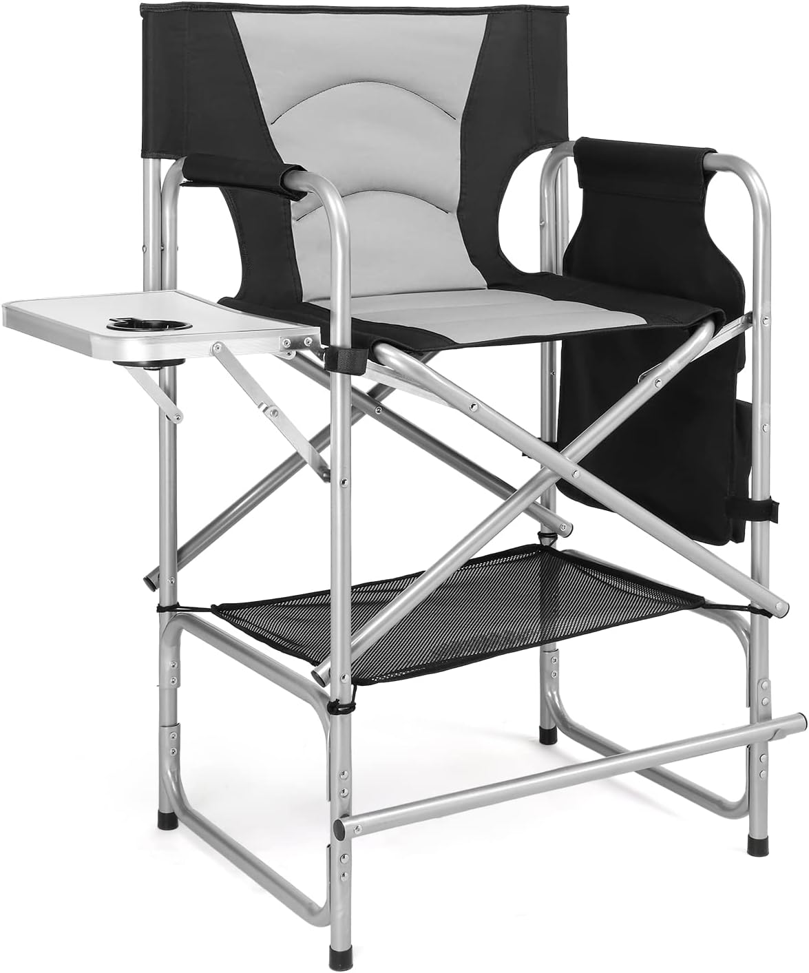 mefeir Tall Camping Chair Makeup Artist Director Chair 26" Counter Height, Portable Folding Design with Side Table, Cup Holder & Side Storage Bag, Heavy-Duty Iron Frame (300 lbs Capacity)