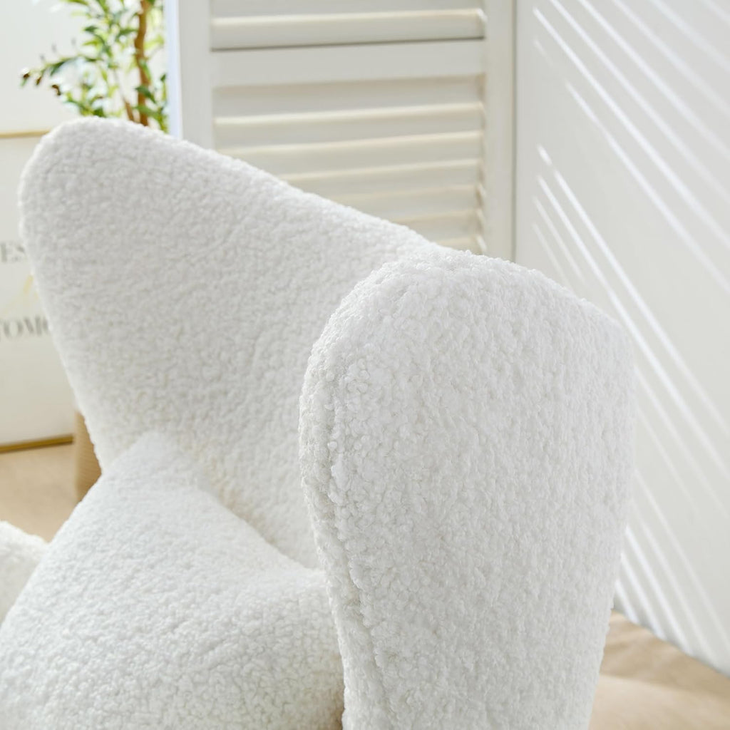 Oversized Modern Boucle Accent Chair with Ottomans, Furry Sherpa Elegant Single Sofa, Wingback Chair Living Room Chairs Comfy Upholstered Armchair for Bedroom Office Apartment Balcony,Cream White