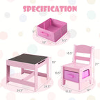 LDAILY Kids Table and Chairs, 3 in 1 Wooden Kids Table with Storage Drawer, Removable Blackboard, Reversible Tabletop, Toddler Table and Chair Set for Drawing, Reading (Pink)