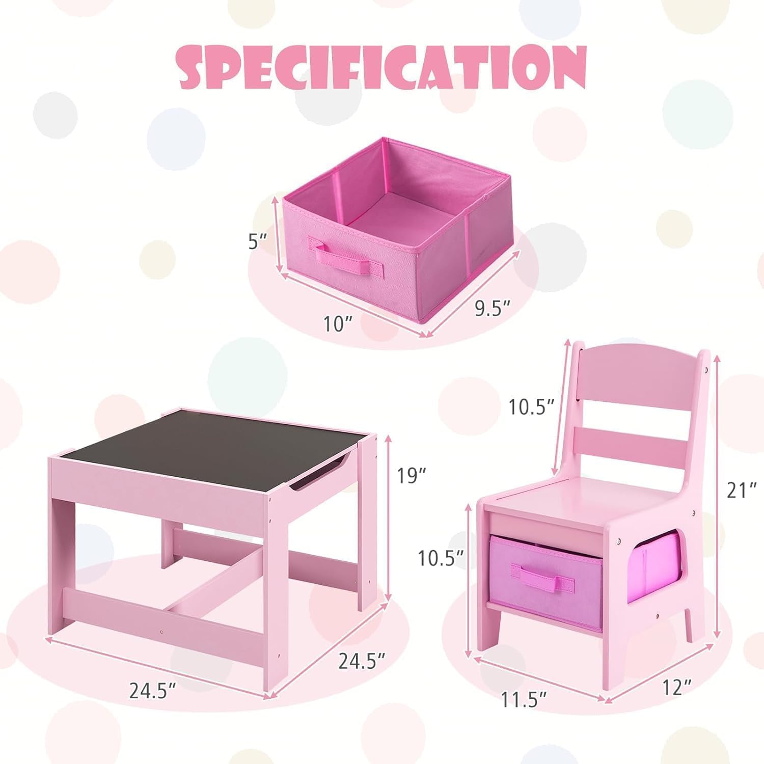LDAILY Kids Table and Chairs, 3 in 1 Wooden Kids Table with Storage Drawer, Removable Blackboard, Reversible Tabletop, Toddler Table and Chair Set for Drawing, Reading (Pink)