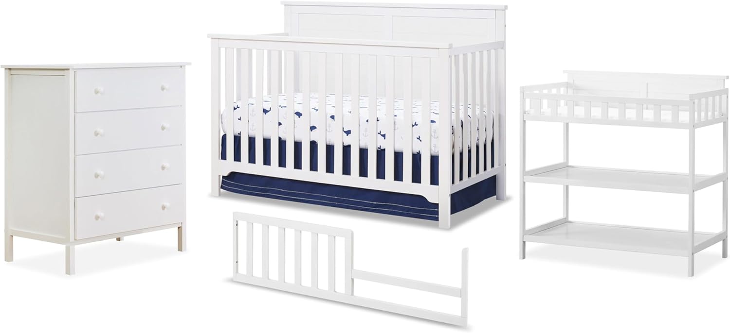 SORELLE FURNITURE Baby Bundle 4-Piece Nursery Set with 4-in-1 Convertible Crib, 4-Drawer Dresser, Changing Table and Toddler Rail, Furniture Made of Wood, Finish, Nursery Furniture Set -White