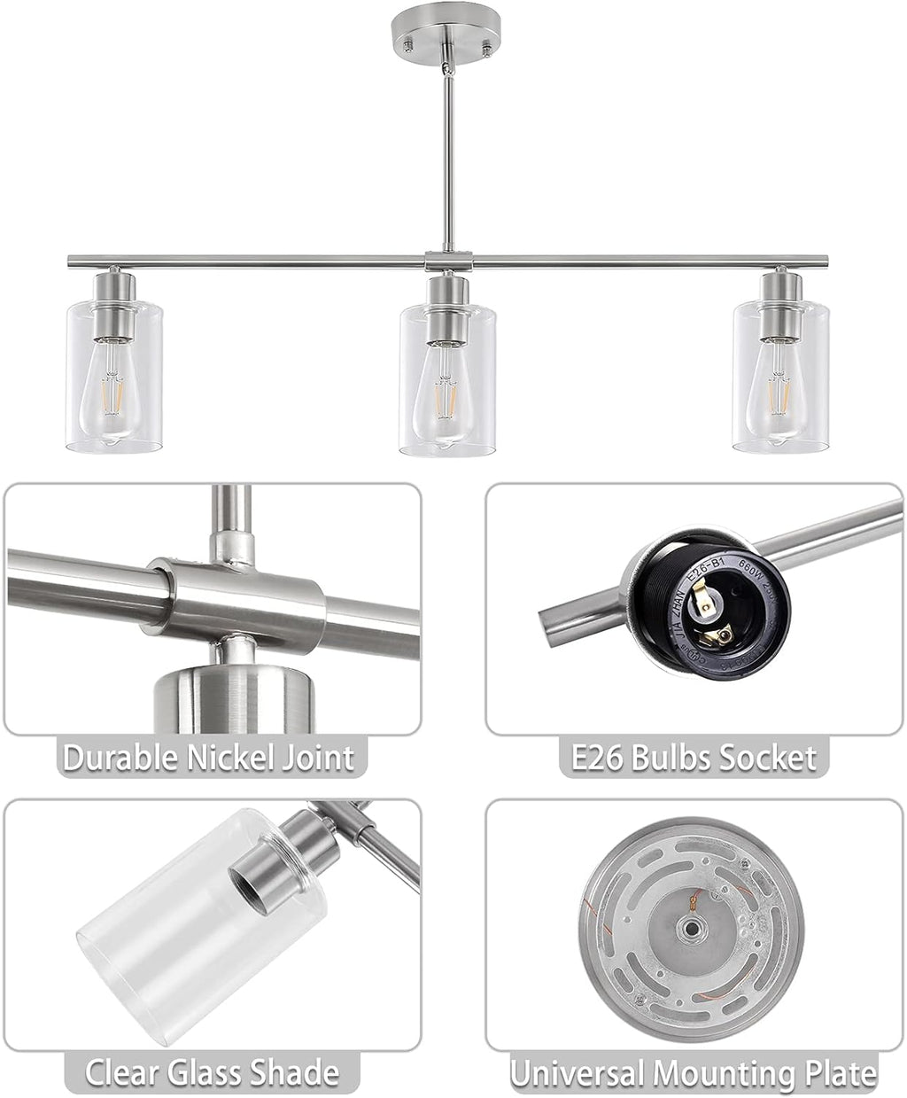 3 Lights Kitchen Island Lighting Brushed Nickel Pendant Light Fixtures with Glass Shade 31" Dining Room Chandeliers Adjustable Height Modern Linear Ceiling Hanging Light for Living Room, Foyer