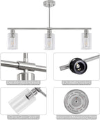 3 Lights Kitchen Island Lighting Brushed Nickel Pendant Light Fixtures with Glass Shade 31" Dining Room Chandeliers Adjustable Height Modern Linear Ceiling Hanging Light for Living Room, Foyer