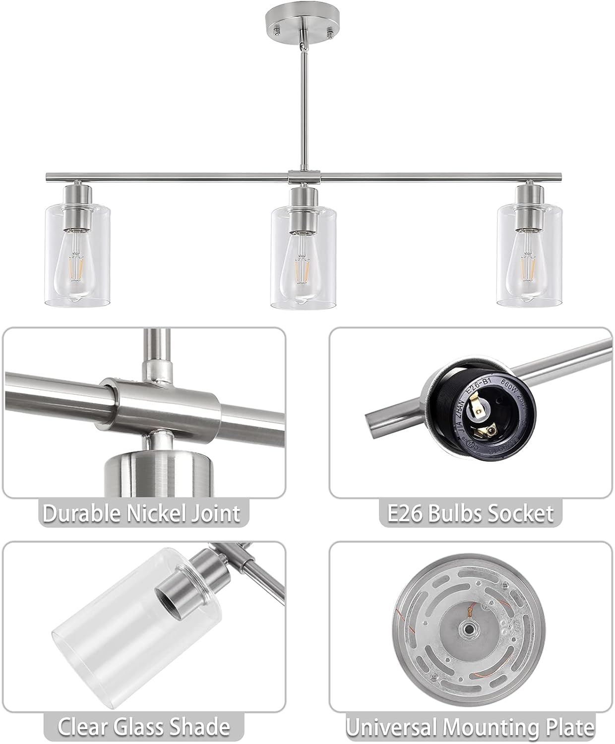 3 Lights Kitchen Island Lighting Brushed Nickel Pendant Light Fixtures with Glass Shade 31" Dining Room Chandeliers Adjustable Height Modern Linear Ceiling Hanging Light for Living Room, Foyer