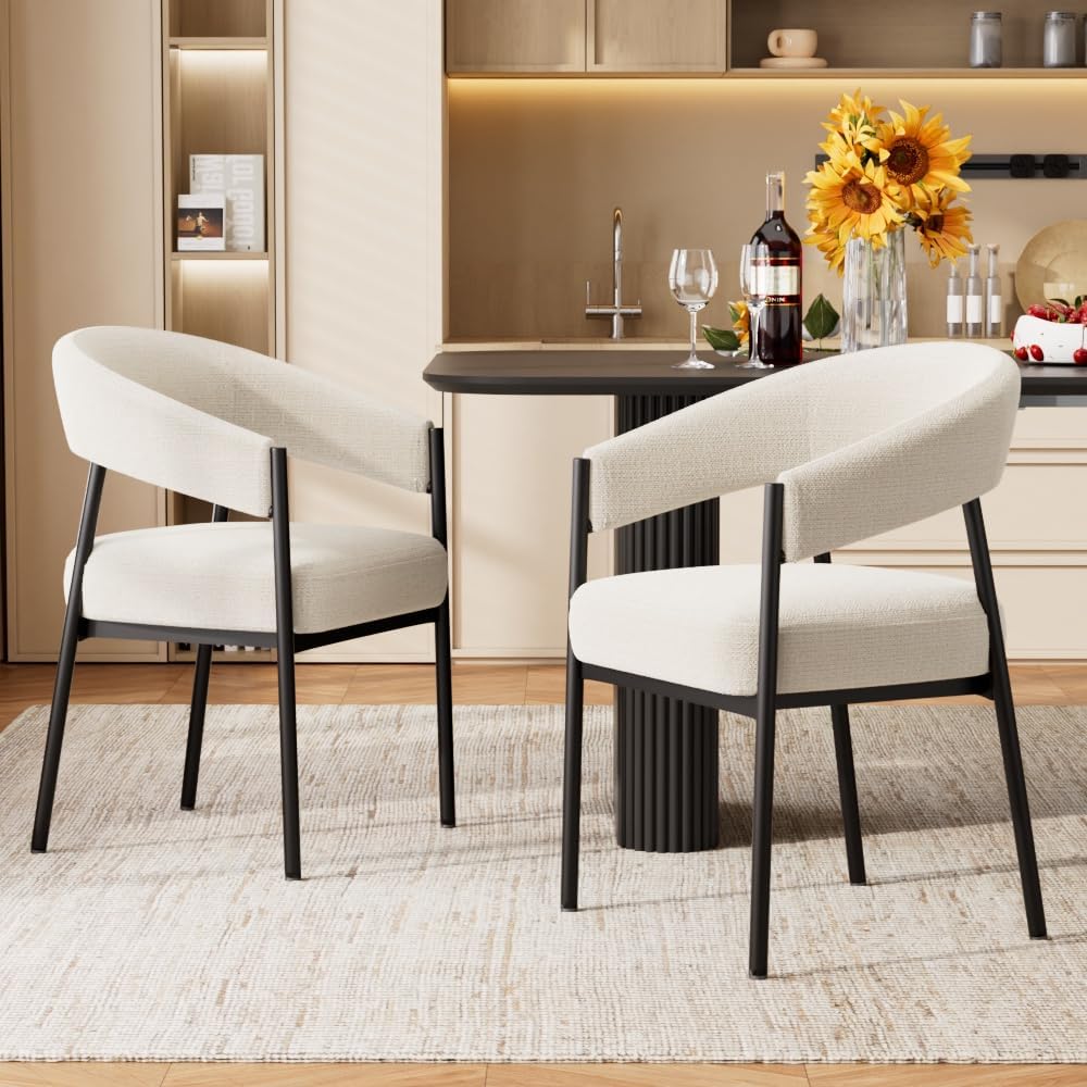 yeag Modern Dining Chairs Set of 2, Upholstered Barrel Dining Room Chairs with Curved Back, Farmhouse Accent Arm Kitchen Side Chairs with Metal Legs for Kitchen, Home, Apartment (Off White)