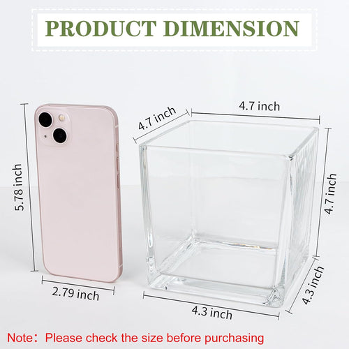 1 Pack Square Glass Vase 5" x 5" x 5", Clear Flower Vase for Centerpieces, Candle Holder for Wedding Party Events, Home Décor