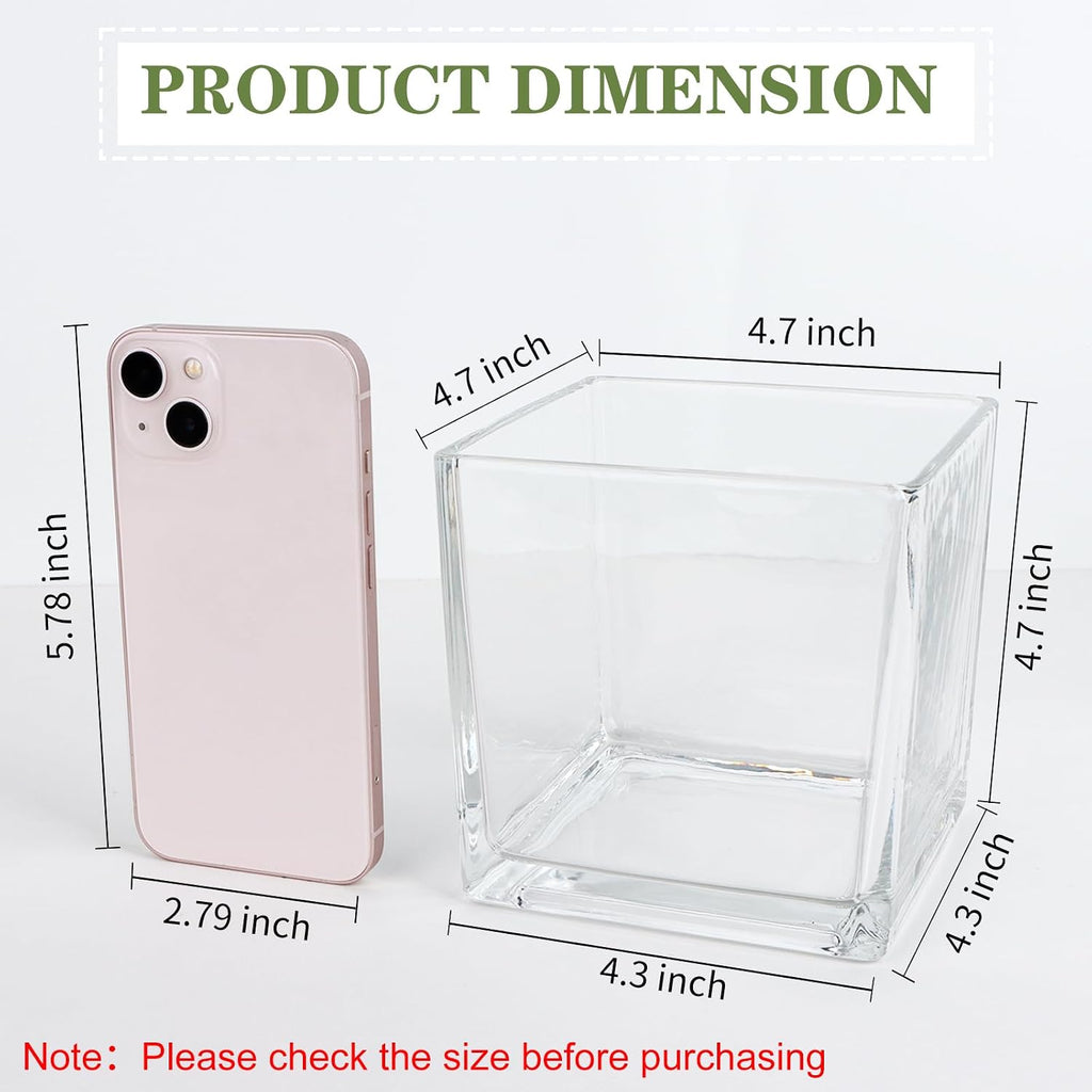 Set of 6 Square Glass Vases 5" x5" x 5", Clear Flower Vases for Centerpieces, Candle Holder for Wedding Party Events, Home Décor