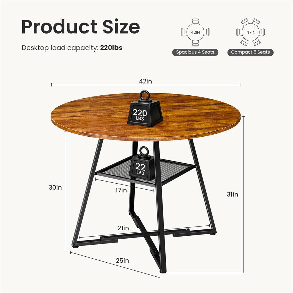 DUMOS 42" Round Dining Table for 4-6, Space Saving Kitchen Table with Dual-Tier Storage, Pedestal Metal Frame, Industrial Farmhouse Circle Dinner Table for Apartment, Vintage Wood