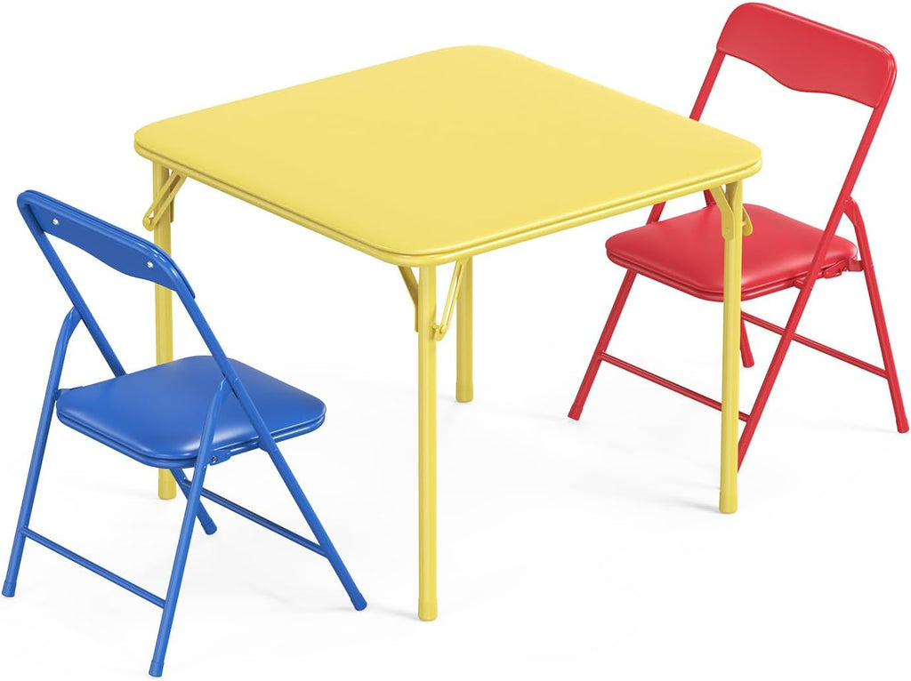 JOYMOR Kids Folding Table and Chairs Set, 3-Piece Metal Frame Activity Set with Easy-Fold Design for Playroom & Classroom (Multicolor)
