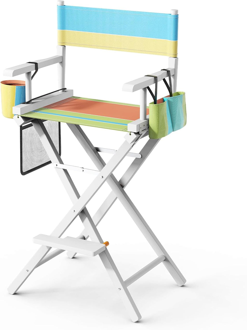 OmySalon Director's Chair 31" Height Folding Portable w/Storage Pouch & Footrest, Makeup Artist Chair for Salon, Events, Mobile, 250lb Capacity, White Wood Frame & Colorful Canvas Seat
