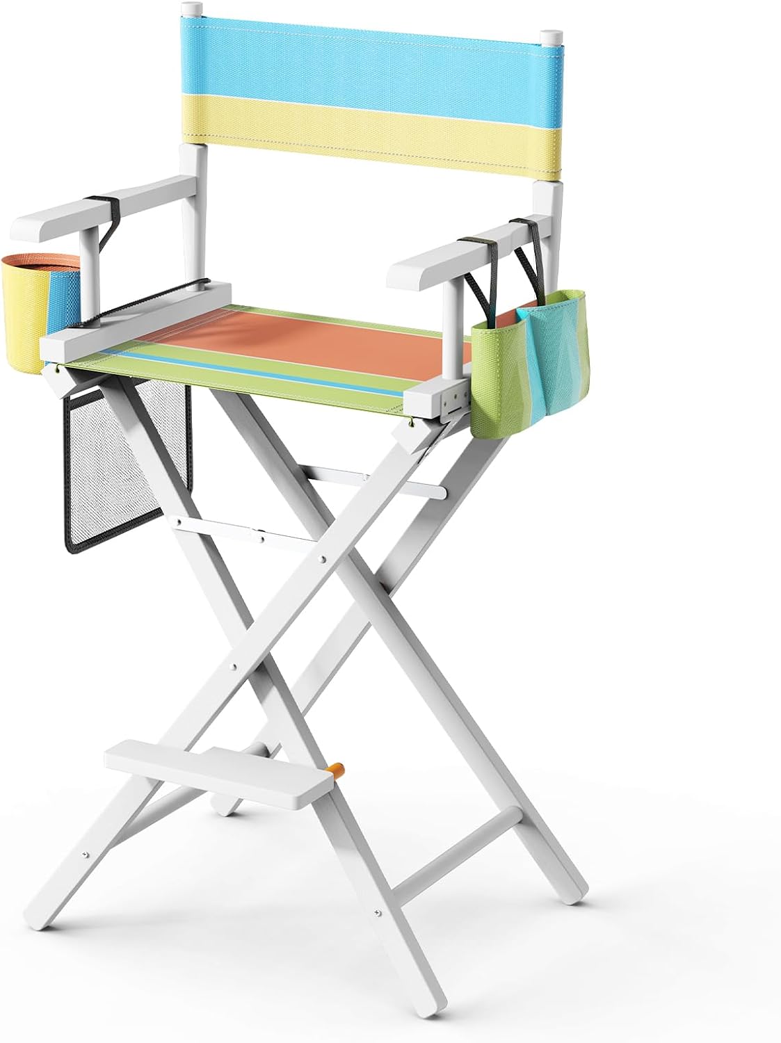 OmySalon Director's Chair 31" Height Folding Portable w/Storage Pouch & Footrest, Makeup Artist Chair for Salon, Events, Mobile, 250lb Capacity, White Wood Frame & Colorful Canvas Seat