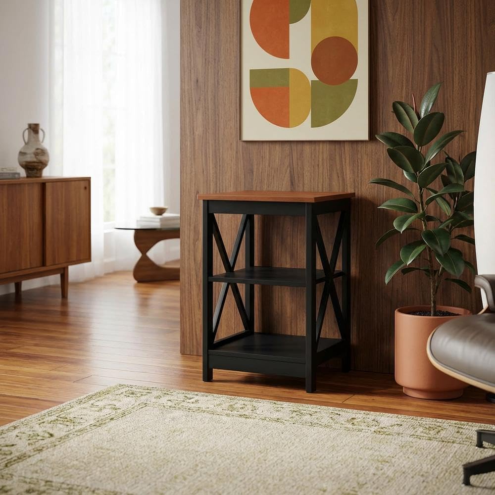 Furnifact Cherry/Black End Table with Shelves, Transitional Coastal Style, Durable Wood, Modern Design, Versatile Living Room or Bedroom Accent