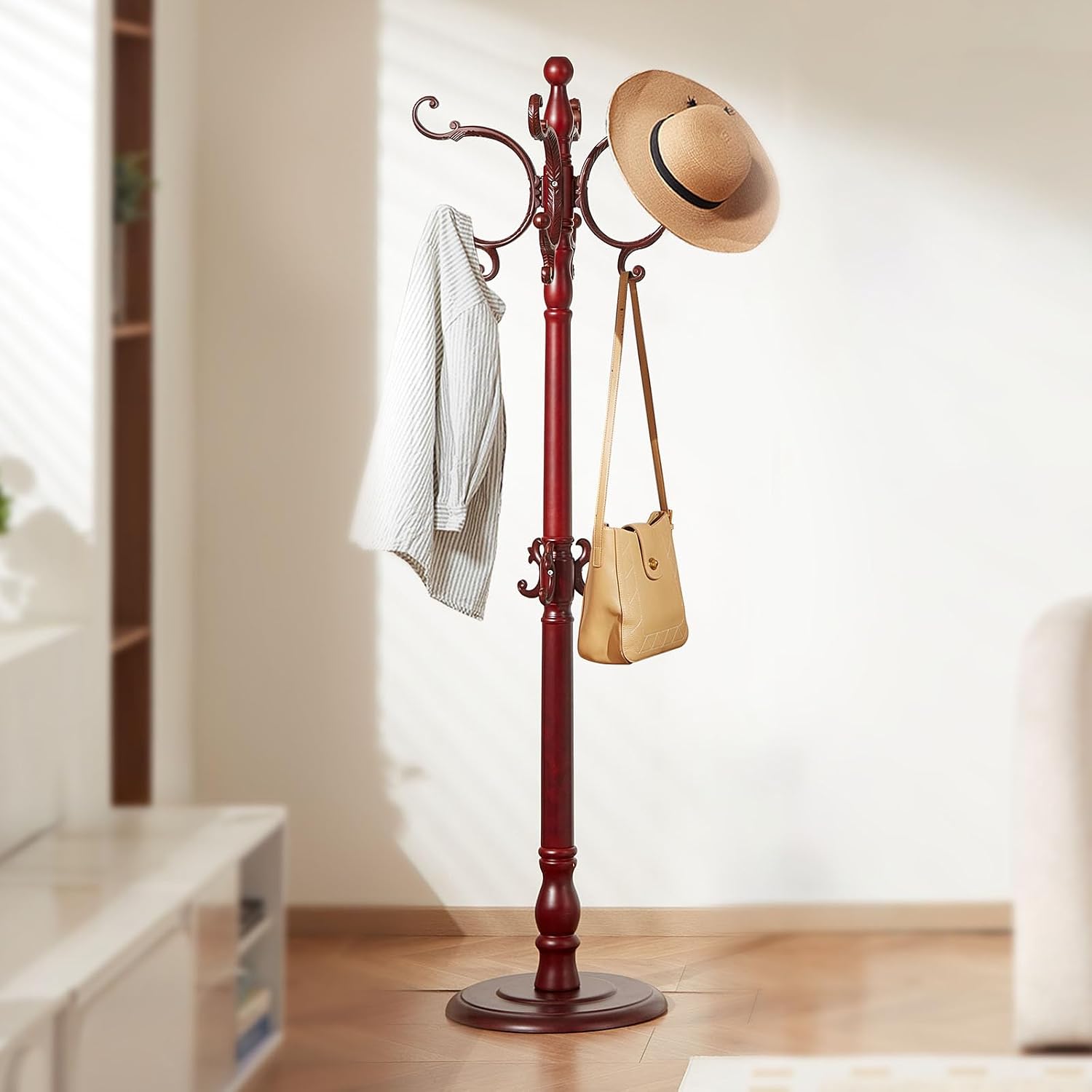 VEVOR Coat Rack Freestanding, Wooden Coats Rack Stand with Weighted Base & 11 Hooks, Free Standing Hall Coat Tree for Entryway, Bedroom, Living Room, Modern Clothes Hanger Stand for Coats, Hats, Bag