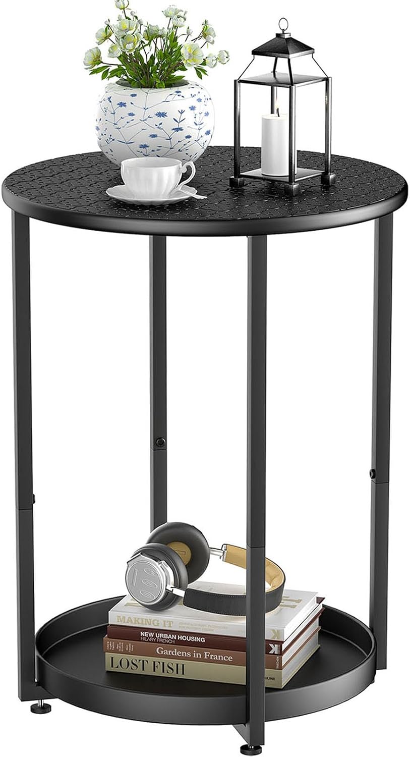 Small Round Side Table, 2 Tiers End Table, Nightstand with Metal Storage Shelf for Small Spaces, Living Room, Bedroom, Black