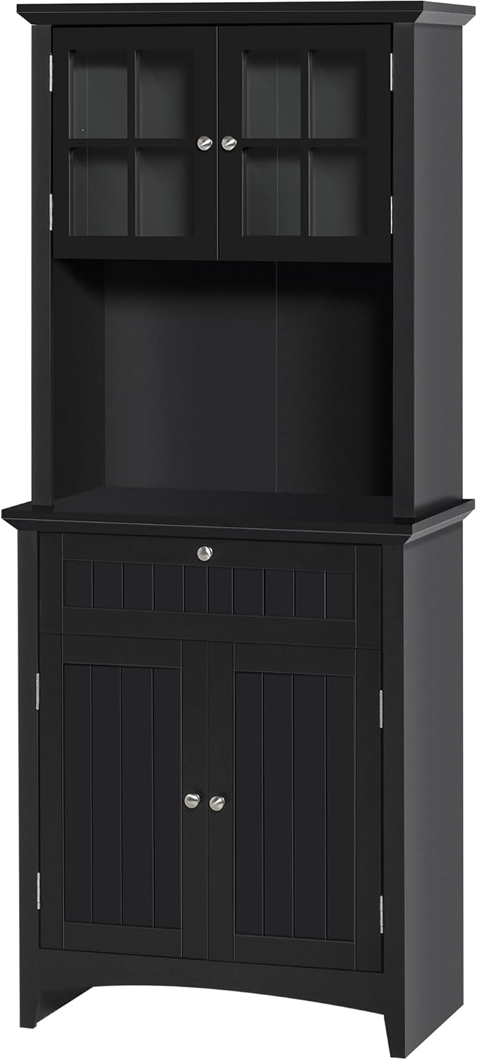 64.5" Kitchen Pantry Cabinet with Hutch,Buffet Sideboard for Coffee Maker & Toaster,Snacks,Spices & Wine Storage Organizer, Fits Kitchen,Dining Room & Coffee Bar,Black